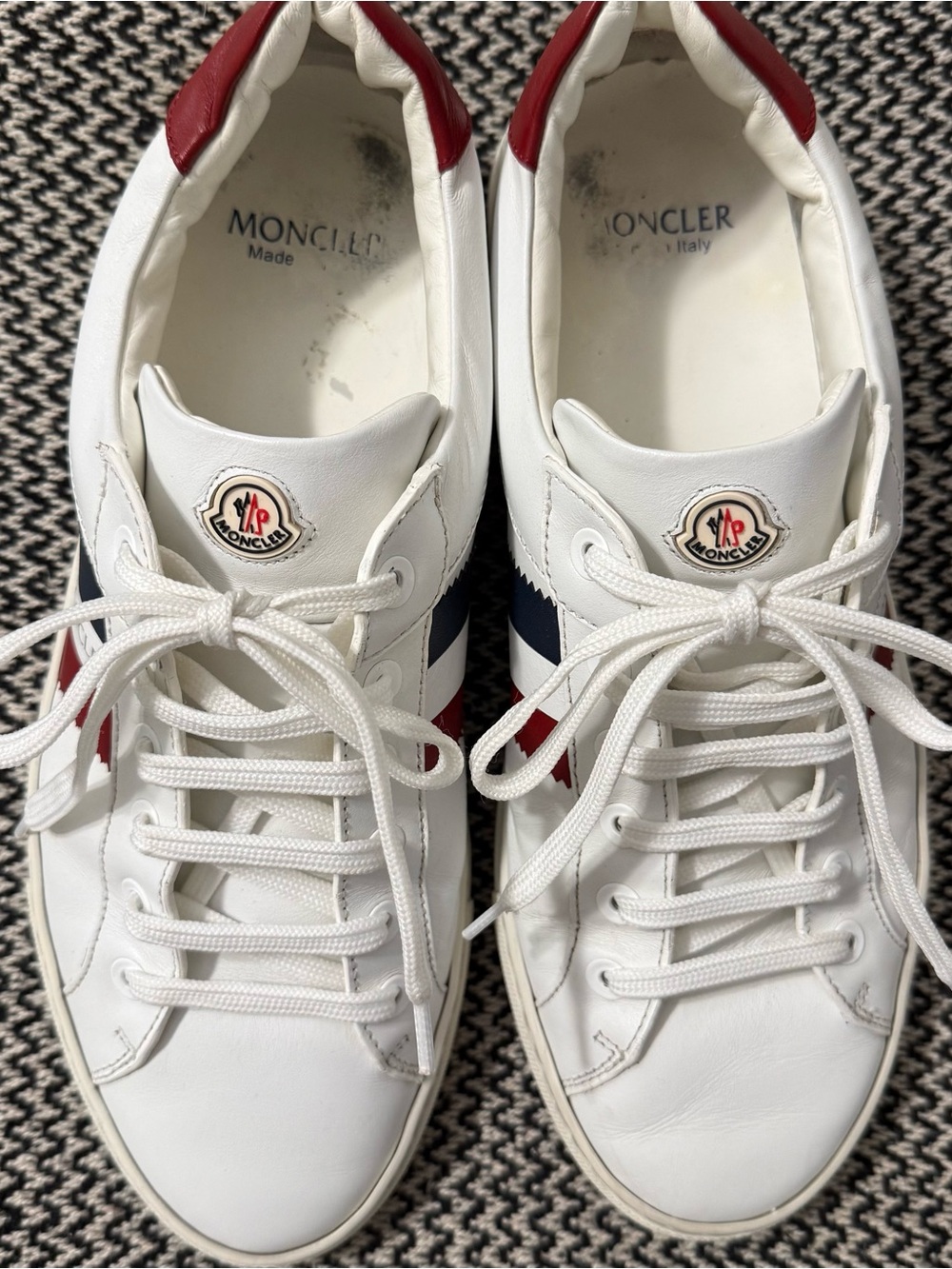 Moncler Ariel Low Top White Leather Sneakers with Red & Blue Accents